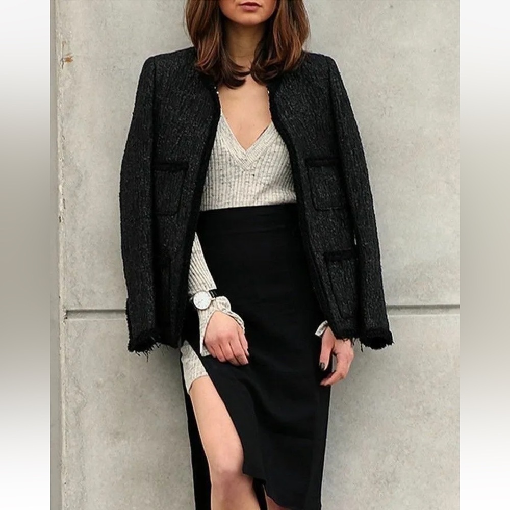 ZARA Woman Black Tweed Wool Blend Structured Woven Fringe Blazer with pockets XS